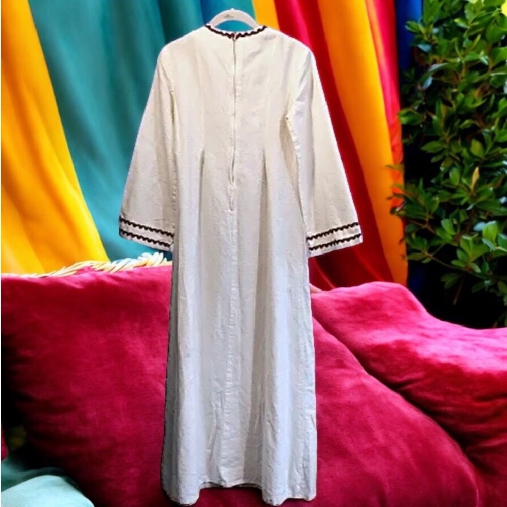 Vintage 70s Joseph Magnin Kaftan Dress Embroidered Ric Rac Cream Maxi Boho XS - Picture 3 of 15